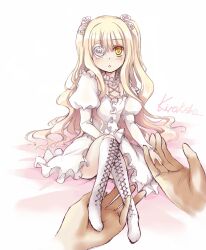 Rule 34 | 1girl, :o, blonde hair, blush, boots, character name, dress, expressionless, flower, flower over eye, full body, hair flower, hair ornament, juliet sleeves, kirakishou, knee boots, long hair, long sleeves, looking at viewer, on bed, pov, pov hands, puffy sleeves, rose, rozen maiden, seiko (cleanage), sidelocks, simple background, sitting, solo focus, wavy hair, white background, white dress, white flower, white rose