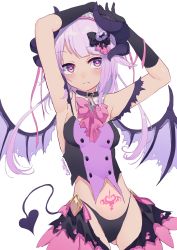 Rule 34 | 1girl, arms up, black collar, black gloves, black panties, blush, breasts, closed mouth, collar, demon girl, demon horns, demon tail, demon wings, elbow gloves, fang, gloves, hair flaps, hair ornament, heart, heart-shaped pupils, highres, horns, marueri, multiple horns, original, panties, pink eyes, pink hair, pubic tattoo, ribbon, short hair with long locks, signature, simple background, small breasts, solo, symbol-shaped pupils, tail, tattoo, torn clothes, torn wings, underwear, white background, wings