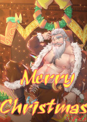 Rule 34 | 1boy, absurdres, artist request, bara, bare pectorals, beard, belly, bulge, christmas, christmas wreath, cross-laced clothes, cross-laced legwear, dwarf, facial hair, fat, fat man, foot out of frame, full beard, hat, highres, huge eyebrows, large pectorals, long beard, male focus, mature male, merry christmas, muscular, muscular male, mustache, nipples, old, old man, original, pectorals, pointy ears, red hat, santa costume, santa hat, short hair, sitting, solo, thick chest hair, thick navel hair, white hair, wreath