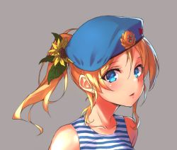 Rule 34 | 10s, 1girl, ayase eli, bare arms, beret, blonde hair, blue eyes, blush, collarbone, hair ornament, hammer and sickle, hat, lips, long hair, looking at viewer, love live!, love live! school idol festival, love live! school idol project, nightmaremk2, parted lips, ponytail, profile, russia, shirt, solo, soviet, striped clothes, striped shirt, telnyashka, upper body, vdv