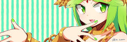 Rule 34 | 1girl, ancient greek clothes, armlet, chiton, forehead jewel, green eyes, green hair, highres, jewelry, kid icarus, kid icarus uprising, looking at viewer, nail polish, nintendo, open mouth, palutena, pendant, smile, solo, striped, striped background, twitter username, upper body, yu makoto (yu uma)
