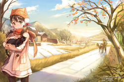 Rule 34 | 1boy, 1girl, animal, animal hat, artist name, bad id, bad pixiv id, bare tree, bird, black pantyhose, blush, breath, brown hair, cat hat, cloud, coat, day, dress, fence, food, fruit, grass, hat, head tilt, house, long hair, looking at viewer, low twintails, open clothes, open coat, original, outdoors, pantyhose, parted lips, path, pierorabu, pom pom (clothes), red scarf, road, scarf, sky, snow, standing, tree, twintails, watermark, wooden fence