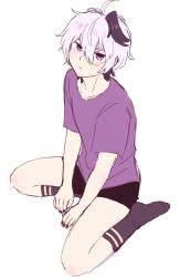 Rule 34 | 1girl, ahoge, androgynous, black hair, black nails, black shorts, commentary request, ear piercing, flower (vocaloid), flower (vocaloid4), highres, legs apart, light blush, looking at viewer, multicolored hair, piercing, purple eyes, purple shirt, romaji commentary, shirt, short hair, short shorts, shorts, sitting, socks, striped clothes, striped socks, t-shirt, tomboy, two-tone hair, vflovver, vocaloid, white background, white hair