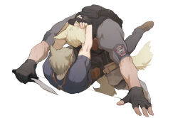 Rule 34 | 2boys, anger vein, animal ears, bara, battle, biceps, black gloves, blonde hair, brown hair, bulletproof vest, cat ears, commentary, dagger, fingerless gloves, from behind, gloves, hands on another&#039;s head, highres, holding, holding dagger, holding knife, holding weapon, jack krauser, knife, leon s. kennedy, male focus, multiple boys, muscular, muscular male, resident evil, resident evil 4, resident evil 4 (remake), scar, scar on arm, shirt, short hair, symbol-only commentary, t-shirt, tail, vetania, weapon, yaoi