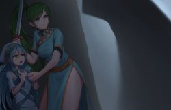 Rule 34 | 2girls, absurdres, awan0918, azura (fire emblem), blue hair, closed mouth, commission, detached sleeves, dress, fire emblem, fire emblem: the blazing blade, fire emblem fates, fire emblem heroes, green eyes, green hair, hair between eyes, holding hands, highres, holding, holding sword, holding weapon, long hair, lyn (fire emblem), multiple girls, nintendo, open mouth, ponytail, short sleeves, sword, veil, weapon, yellow eyes, aged down