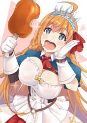 Rule 34 | 1girl, ahoge, ascot, bad id, bad pixiv id, belt, blue eyes, blue sleeves, blush, bone, boned meat, braid, breasts, buttons, cleavage, dress, drooling, elbow gloves, food, gesugesu ahoaho, gloves, hair ribbon, heart, heart-shaped pupils, highres, large breasts, long hair, meat, open mouth, orange hair, pecorine (princess connect!), pink background, princess connect!, puffy short sleeves, puffy sleeves, red ascot, red ribbon, ribbon, short sleeves, shrug (clothing), side braid, smile, solo, sparkle, symbol-shaped pupils, tiara, two-tone background, unaligned breasts, white background, white dress, white gloves