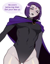 Rule 34 | 1girl, absurdres, black leotard, blush, breasts, cape, covered navel, cowboy shot, dc comics, english text, facial mark, forehead mark, from below, highres, leotard, looking down, medium breasts, medium hair, open mouth, porqueloin, purple cape, purple eyes, purple hair, raven (dc), simple background, solo, speech bubble, talking, teen titans, teeth, white background