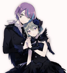Rule 34 | 1boy, 1girl, black necktie, blue hair, buttons, closed mouth, dress, green hair, grey background, hair between eyes, hand on another&#039;s shoulder, holding hands, kamishiro rui, kusanagi nene, long sleeves, necktie, open mouth, project sekai, purple eyes, qi7pi, short hair, simple background, sleeveless, sleeveless dress, upper body, wings, yellow eyes
