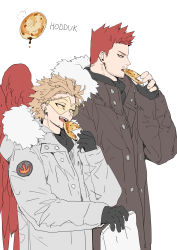 Rule 34 | 2boys, alternate costume, beard, blonde hair, blue eyes, boku no hero academia, coat, deavor lover, eating, facial hair, feathered wings, feathers, hawks (boku no hero academia), highres, hood, hood down, looking to the side, male focus, manly, multiple boys, mustache, red hair, scar, spiked hair, endeavor (boku no hero academia), upper body, wings