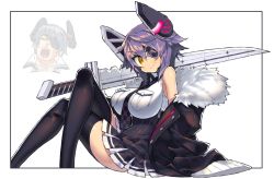 Rule 34 | 1boy, 1girl, bare shoulders, black jacket, black legwear, black skirt, breast pocket, breasts, checkered clothes, checkered neckwear, crossed legs, crossover, eyepatch, hair between eyes, high-waist skirt, holding, holding sword, holding weapon, itsumo nokoru, jacket, kantai collection, large breasts, looking at viewer, messy hair, necktie, nintendo, open mouth, pleated skirt, pocket, purple hair, remodel (kantai collection), school uniform, short hair, simple background, skirt, smile, sword, tenryuu (kancolle), translation request, weapon, white background, xenoblade chronicles (series), xenoblade chronicles 2, yellow eyes, zeke von genbu (xenoblade)