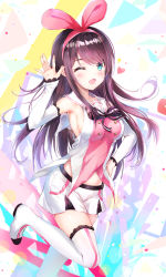 Rule 34 | 1girl, ;d, absurdres, armpits, black hair, blue eyes, blush, boots, breasts, commentary request, dana (hapong07), detached sleeves, groin, hairband, hand on own hip, hand up, highres, kizuna ai, kizuna ai inc., lace-trimmed sleeves, lace trim, leg up, long hair, looking at viewer, medium breasts, multicolored hair, one eye closed, open mouth, pink hair, pink hairband, sailor collar, shirt, shorts, sideboob, sidelocks, smile, solo, standing, standing on one leg, streaked hair, thigh boots, thighhighs, two-tone hair, virtual youtuber, white footwear, white sailor collar, white shirt, white shorts