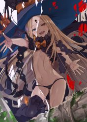 Rule 34 | 1girl, abigail williams (fate), abigail williams (second ascension) (fate), absurdres, bare shoulders, black bow, black hat, black thighhighs, blonde hair, blue eyes, blush, bow, breasts, fate/grand order, fate (series), forehead, hat, heterochromia, highres, keyhole, long hair, looking at viewer, multiple bows, navel, open mouth, orange bow, outstretched arms, parted bangs, polka dot, polka dot bow, rahanachi, red eyes, single thighhigh, small breasts, smile, solo, stuffed animal, stuffed toy, tears, teddy bear, thighhighs, very long hair, witch hat