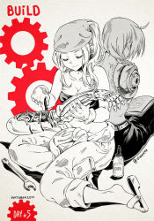 Rule 34 | 1boy, 1girl, amputee, automail, back-to-back, bare shoulders, belt, black pants, book, braid, braided ponytail, ear piercing, earrings, edward elric, english text, closed eyes, full body, fullmetal alchemist, gears, gloves, head scarf, highres, inktober, jewelry, long hair, mechanic, navel, open book, pants, piercing, sandals, screwdriver, topless male, smile, strapless, tube top, twitter username, vinhnyu, winry rockbell, wrench