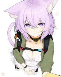 Rule 34 | 1girl, ahoge, alternate costume, animal ears, artist logo, backpack, bag, black choker, black footwear, blush, breasts, cat ears, cat tail, choker, cleavage, closed mouth, dress, floral print, from above, green jacket, hair between eyes, highres, hololive, jacket, lace, lace-trimmed dress, lace trim, looking at viewer, looking up, medium breasts, nejime, nekomata okayu, open clothes, open jacket, pov, purple eyes, purple hair, shoes, short hair, signature, simple background, sneakers, sweatdrop, tail, tareme, tears, virtual youtuber, white background, white dress, wristband