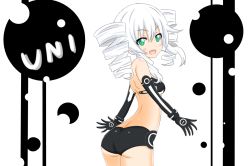 Rule 34 | 1girl, ass, black sister, blush, bodysuit, crawford, drill hair, female focus, gloves, green eyes, kneeling, looking at viewer, looking back, neptune (series), smile, solo, thighhighs, twin drills, twintails, uni (neptunia), white hair