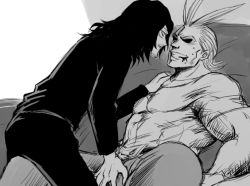 Rule 34 | 10s, 2boys, all might, bara, belt, blood, boku no hero academia, couple, crotch, eraser head (boku no hero academia), eye contact, facial hair, facing another, grin, groping, half-closed eyes, hand on shoulder, happy, long hair, looking at another, male focus, monochrome, multiple boys, muscular, pants, qunhyskoa, scar, scar on face, shaded face, shirt, sitting, smile, spread legs, teeth, topless male, undressing, yagi toshinori, yaoi