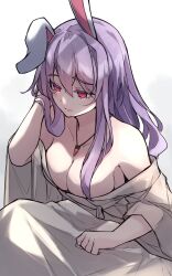 Rule 34 | 1girl, animal ears, breasts, carrot necklace, chiroru (cheese-roll), closed mouth, collarbone, commentary, english commentary, hand in own hair, highres, jewelry, large breasts, long hair, necklace, purple hair, rabbit ears, rabbit girl, red eyes, reisen udongein inaba, solo, touhou, waking up, white background