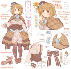 Rule 34 | 1girl, 7010, :d, :q, blue bow, blue ribbon, blush, bow, bowtie, breasts, brown capelet, brown eyes, brown footwear, brown hair, brown hat, brown thighhighs, capelet, character sheet, commentary request, corset, flower, hair flower, hair ornament, hat, hat bow, hat ribbon, heart, high heels, idolmaster, idolmaster cinderella girls, large breasts, long sleeves, looking at viewer, mimura kanako, open mouth, ribbon, shawl, shirt, short hair, smile, solo, staff, striped clothes, striped thighhighs, thighhighs, tongue, tongue out, translation request, vertical-striped clothes, vertical-striped thighhighs, white shirt