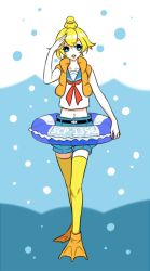 Rule 34 | 1girl, blonde hair, blue eyes, character name, flippers, innertube, midriff, navel, object on head, parted lips, personification, puyora, rubber duck, salute, scp-1356, scp foundation, shorts, solo, standing, swim ring, thighhighs, yellow thighhighs