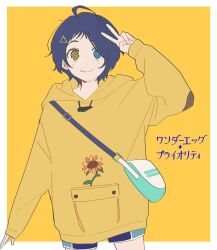 Rule 34 | 1girl, ahoge, blue bag, blue eyes, blue hair, blue shorts, border, closed mouth, commentary request, copyright name, cowboy shot, floral print, hand up, heterochromia, highres, hood, hood down, hoodie, long sleeves, looking at viewer, ooto ai, short hair, shorts, smile, solo, standing, tousho saku, triangle hair ornament, v, white border, wonder egg priority, yellow background, yellow eyes, yellow hoodie