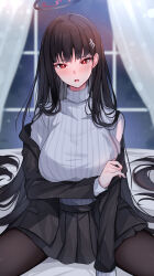 Rule 34 | 1girl, black hair, black jacket, black pantyhose, black skirt, blazer, blue archive, blush, breasts, curtains, grey sweater, halo, highres, indoors, jacket, jacket partially removed, large breasts, long hair, long sleeves, looking at viewer, mi taro333, miniskirt, pantyhose, pleated skirt, red eyes, rio (blue archive), sitting, skirt, solo, straight hair, sweater, tears, very long hair, window