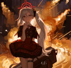 Rule 34 | 1girl, black shirt, blue archive, explosion, grey hair, halo, high-waist skirt, highres, kofi-mo, long hair, looking at viewer, mutsuki (blue archive), red eyes, red skirt, shirt, side ponytail, skirt, smile, solo, suitcase, thigh strap