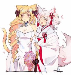 Rule 34 | 2girls, ahoge, animal ears, arm grab, artist name, bell, neck bell, blonde hair, blush, bouquet, breasts, bride, cat ears, cat girl, cat tail, choker, cleavage, collar, dress, drill hair, elbow gloves, embarrassed, closed eyes, female focus, flower, fox ears, fox girl, fox tail, gloves, hair flower, hair ornament, howan (show by rock!!), japanese clothes, jingle bell, kimono, large breasts, long hair, looking away, mashima himeko (show by rock!!), multiple girls, nail polish, open mouth, pnd pon, show by rock!!, signature, simple background, sweatdrop, tail, uchikake, very long hair, wedding dress, white background, white dress, white gloves, white hair, wife and wife, yellow eyes, yuri