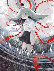 Rule 34 | 1girl, abstract, absurdres, black skirt, blunt bangs, collared shirt, eyeball, feet out of frame, floating, floating hair, grass, grey hair, grey sky, highres, horizon, jewelry, limited palette, long hair, looking at viewer, necklace, no nose, original, outdoors, red eyes, shirt, short sleeves, sizucomaru, skirt, sky, solo, surreal, white shirt