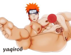 Rule 34 | 1boy, anal, ass, barefoot, body hair, censored, erection, feet, fingering, lying, male focus, male masturbation, male penetrated, masturbation, naruto, naruto (series), nipples, nude, orange hair, pain (naruto), pectorals, penis, soles, solo, toes