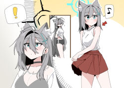 ! 2girls ahoge animal_ears b.t._(boob_tong) black_bra black_choker black_halo black_shorts blue_archive blue_eyes blue_halo bra breasts choker cleavage closed_mouth clothes_hanger dolphin_shorts door doorknob earrings grey_hair halo highres holding holding_clothes_hanger jewelry large_breasts long_hair looking_at_another medium_hair multiple_girls multiple_views necktie open_mouth pleated_skirt red_skirt scratching_stomach see-through_clothes shiroko_(blue_archive) shiroko_terror_(blue_archive) shirt shorts skirt sleeveless small_breasts spoken_exclamation_mark stud_earrings underwear very_long_hair waving white_shirt wolf_ears