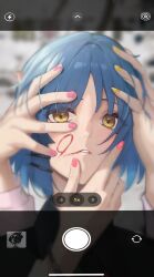 Rule 34 | 1girl, 3others, black shirt, blue hair, bocchi the rock!, collared shirt, commentary request, fake phone screenshot, fake screenshot, hair ornament, hairclip, hands on another&#039;s face, highres, jyugomio, looking at viewer, multiple others, pink nails, red nails, shirt, short hair, viewfinder, yamada ryo, yellow eyes, yellow nails
