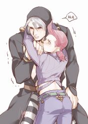 Rule 34 | 2boys, arms around neck, black sclera, blush, colored sclera, ddddddddshya, freckles, hat, height difference, highres, jojo no kimyou na bouken, long hair, looking at another, male focus, multiple boys, pants, pink hair, purple pants, red eyes, risotto nero, size difference, striped clothes, striped pants, vento aureo, vinegar doppio, white hair, yaoi