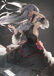 Rule 34 | 1girl, arm up, black bow, black ribbon, black sleeves, black theme, bow, closed mouth, commentary request, detached sleeves, dress, gloves, grey hair, hair ribbon, hand up, highres, long hair, original, red eyes, red gloves, red ribbon, ribbon, saraki, short sleeves, signature, sleeveless, sleeveless dress, solo, two side up, very long hair, wide sleeves