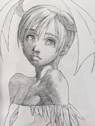Rule 34 | 1girl, bat wings, bengus, breasts, capcom, closed mouth, clothing cutout, feather trim, greyscale, hair between eyes, hatching (texture), head wings, highres, lilith aensland, monochrome, off shoulder, official art, short hair, simple background, sketch, small breasts, solo, takayuki nakayama, traditional media, transparent, upper body, vampire (game), white background, wings