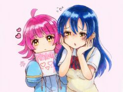 2girls :d :| ahoge blue_hair blue_jacket blue_shirt blunt_bangs blunt_ends blush bow bowtie breasts closed_mouth collared_shirt commentary_request dark_blue_hair diagonal-striped_bow diagonal-striped_bowtie diagonal-striped_clothes drawing_(object) dress_shirt expressionless flying_sweatdrops hands_on_own_cheeks hands_on_own_face heart heart-shaped_eyes holding holding_sketchbook hood hooded_jacket jacket kyaku_tasu long_hair long_sleeves love_live! love_live!_nijigasaki_high_school_idol_club love_live!_school_idol_festival_all_stars love_live!_school_idol_project medium_breasts medium_hair multiple_girls nijigasaki_school_uniform nose_blush open_clothes open_jacket open_mouth otonokizaka_school_uniform pink_hair red_bow red_bowtie rina-chan_board school_uniform shirt short_sleeves signature simple_background sketchbook sleeves_past_fingers sleeves_past_wrists smile sonoda_umi striped_clothes summer_uniform sweater_vest swept_bangs tennoji_rina triangle_mouth upper_body white_background white_shirt yellow_eyes yellow_sweater_vest yuri