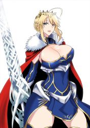 Rule 34 | 1girl, ahoge, armor, artoria pendragon (fate), artoria pendragon (lancer) (fate), blue legwear, blush, braid, breasts, cape, cleavage, crown, fate/grand order, fate (series), faulds, french braid, fur-trimmed cape, fur trim, gauntlets, green eyes, hair between eyes, highres, kawabata yoshihiro, lance, large breasts, long hair, looking at viewer, parted lips, polearm, red cape, rhongomyniad (fate), sidelocks, simple background, smile, solo, thighs, underbust, weapon, white background