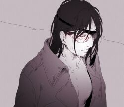 Rule 34 | 1other, androgynous, commentary, english commentary, expressionless, eyepatch, glasses, greyscale, hange zoe, hanpetos, hatching (texture), jacket, male focus, monochrome, open clothes, open jacket, other focus, shingeki no kyojin, solo, upper body
