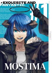 Rule 34 | 1girl, absurdres, antangonist, arknights, black jacket, blue background, blue eyes, highres, horns, jacket, long hair, long sleeves, looking at viewer, mostima (arknights), open mouth, shirt, smile, white shirt