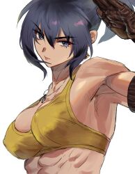 Rule 34 | 1girl, abs, arm pouch, beniazumaru, blue hair, breasts, covered erect nipples, crop top, dog tags, earrings, highres, jewelry, large breasts, leona heidern, medium breasts, muscular, muscular female, ponytail, salute, simple background, soldier, solo, tank top, the king of fighters, the king of fighters xv, triangle earrings, white background, yellow tank top