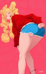 Rule 34 | 1girl, absurdres, ankleband, ass, bent over, colored eyelashes, blonde hair, denim, denim shorts, drill hair, highres, jacket, looking at viewer, looking back, mofu mofuko (ryusei hashida), orange eyes, original, pink background, red jacket, ryusei hashida, short shorts, shorts, simple background, solo, standing, thighs, torn clothes, twin drills, twintails