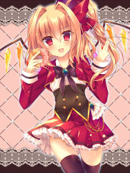Rule 34 | 1girl, alternate costume, black thighhighs, blonde hair, blush, brooch, crystal, doughnut, fang, flandre scarlet, food, jewelry, open mouth, red eyes, ribbon, saichuu, short hair, side ponytail, skirt, smile, solo, thighhighs, touhou, wings