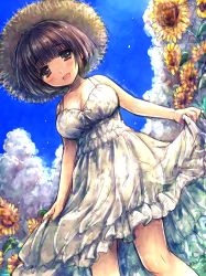 Rule 34 | 10s, 1girl, 2015, :d, artist name, bad id, bad pixiv id, bare shoulders, black eyes, black hair, blush, breasts, brown eyes, brown hair, cleavage, cloud, collarbone, dated, day, dress, flower, hagino kouta, hat, lens flare, looking at viewer, medium breasts, open mouth, original, outdoors, shirt hold, short hair, skirt hold, smile, solo, sun hat, sundress, sunflower, white dress