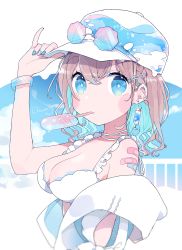 Rule 34 | 1girl, arm up, bandaid, bandaid on arm, baseball cap, bikini, blue eyes, blue hair, blue nails, breasts, brown hair, chon (chon33v), cleavage, colored inner hair, commentary request, earrings, eyewear on headwear, food, food-themed earrings, food in mouth, frilled bikini, frills, hair between eyes, hair ornament, hairclip, hand on headwear, hat, highres, jewelry, long hair, looking at viewer, medium breasts, mouth hold, multicolored hair, nail polish, original, popsicle, see-through, solo, sunglasses, swimsuit, two-tone hair, upper body, wavy hair, white bikini, white hat, wristband
