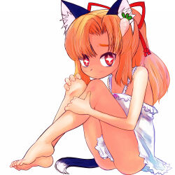 Rule 34 | 1girl, animal ear fluff, animal ears, bare arms, bare legs, bare shoulders, barefoot, blonde hair, blue tail, bright pupils, cat ears, cat girl, cat tail, closed mouth, cross-shaped pupils, dress, fingernails, furrowed brow, futaba channel, hair intakes, hair ornament, hair ribbon, hand on own knee, hand on own leg, highres, long hair, looking at viewer, multicolored tail, nijiura maids, pink ribbon, ponytail, radish, red eyes, red ribbon, ribbon, simple background, sitting, solo, symbol-shaped pupils, tail, tensai (nijiura maids), tsukiyono aroe, turnip, white background, white dress, white pupils, white tail