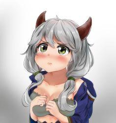 Rule 34 | 1girl, blush, braco, breast press, breasts, camieux, cleavage, commentary, crying, crying with eyes open, draph, gradient background, granblue fantasy, green eyes, grey background, grey hair, highres, jacket, long hair, low twintails, medium breasts, open clothes, open jacket, pout, solo, symbol-only commentary, tears, twintails, upper body, white background