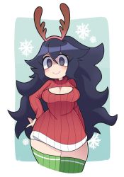 Rule 34 | 1girl, @ @, alternate breast size, alternate costume, antlers, black hair, blush, breasts, cleavage, cleavage cutout, clothing cutout, cowboy shot, creatures (company), cropped legs, game freak, green thighhighs, gro-ggy, hair between eyes, hand on own hip, hex maniac (pokemon), highres, horns, large breasts, long hair, long sleeves, looking at viewer, messy hair, nintendo, no nose, pokemon, pokemon xy, red sweater, reindeer antlers, smile, snowflakes, solo, source request, sweater, thighhighs, very long hair, zettai ryouiki