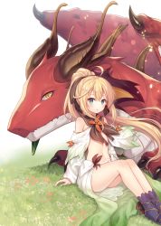 Rule 34 | 1girl, ahoge, bare shoulders, blonde hair, blue eyes, blue socks, blush, commentary request, copyright request, dragon, elf, floating hair, flower, hair between eyes, highres, knees up, long hair, long sleeves, looking at viewer, nakamura hinato, navel, on grass, parted lips, pointy ears, ponytail, red flower, sitting, skirt, sleeves past wrists, socks, solo, very long hair, white background, white flower, white skirt