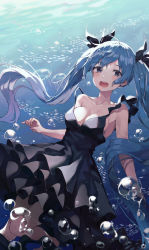 Rule 34 | 1girl, absurdres, air bubble, bare legs, black dress, black ribbon, blue eyes, blue hair, blush, breasts, bubble, cleavage, collarbone, commentary request, dress, fish, frilled dress, frills, hair ribbon, hatsune miku, highres, jellyfish, long hair, looking at viewer, medium breasts, open mouth, ribbon, sleeveless, sleeveless dress, solo, twintails, underwater, very long hair, vocaloid, yoa (yoa 0328)