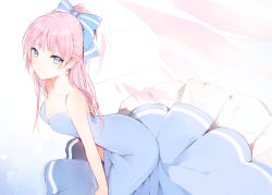 Rule 34 | 1girl, arm support, bad id, bad tumblr id, bare shoulders, blue eyes, blue ribbon, breasts, dress, earrings, gradient background, hair ribbon, jewelry, long dress, looking at viewer, lpip, original, pink hair, ponytail, ribbon, sleeveless, sleeveless dress, smile, solo, striped