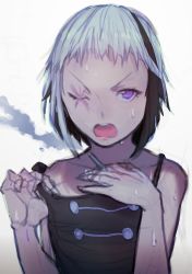 Rule 34 | 1girl, angry, bad id, bad pixiv id, bikko, black hair, cigarette, grey hair, hand on own chest, multicolored hair, naisho na zuku doori, one-eyed, open mouth, original, purple eyes, scar, short hair, simple background, sketch, solo, sweat, two-tone hair, white background